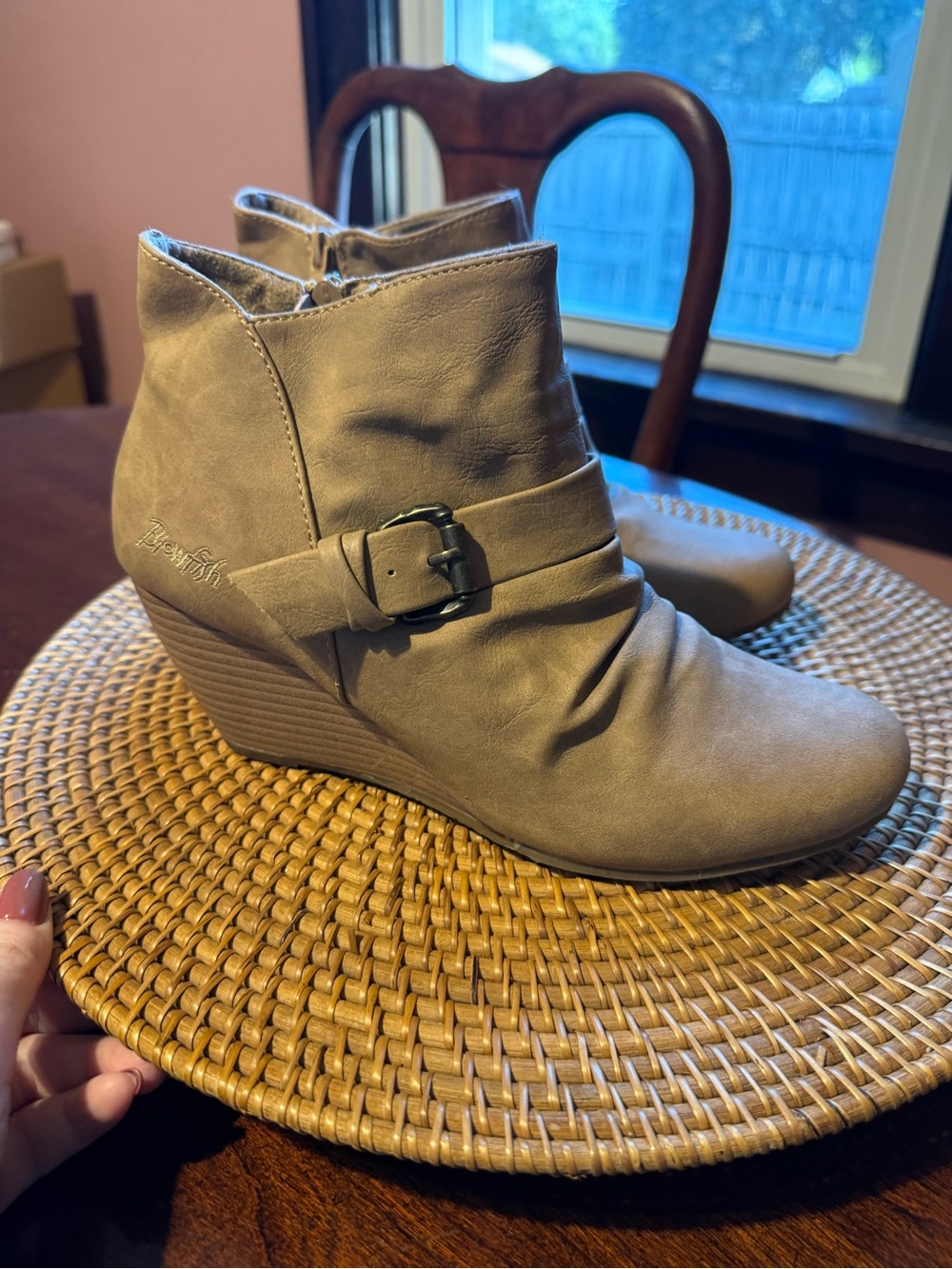 Blowfish Taupe Wedge Ankle Boots with Buckle